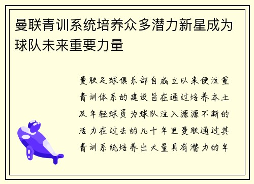曼联青训系统培养众多潜力新星成为球队未来重要力量 曼联青训系统培养众多潜力新星成为球队未来重要力量